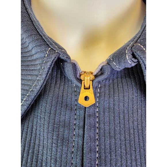 Men's Small Women's Large Vintage 1970's Navy Blue Dagger Collar Zip Up Jacket - Picture 5 of 12